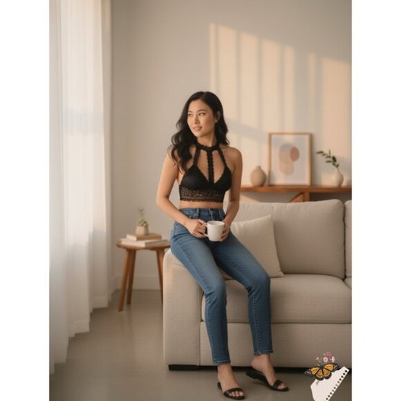 Lace Halter Bralette | Removable Padding | One Size | Blush or Black - Picture 15 of 16